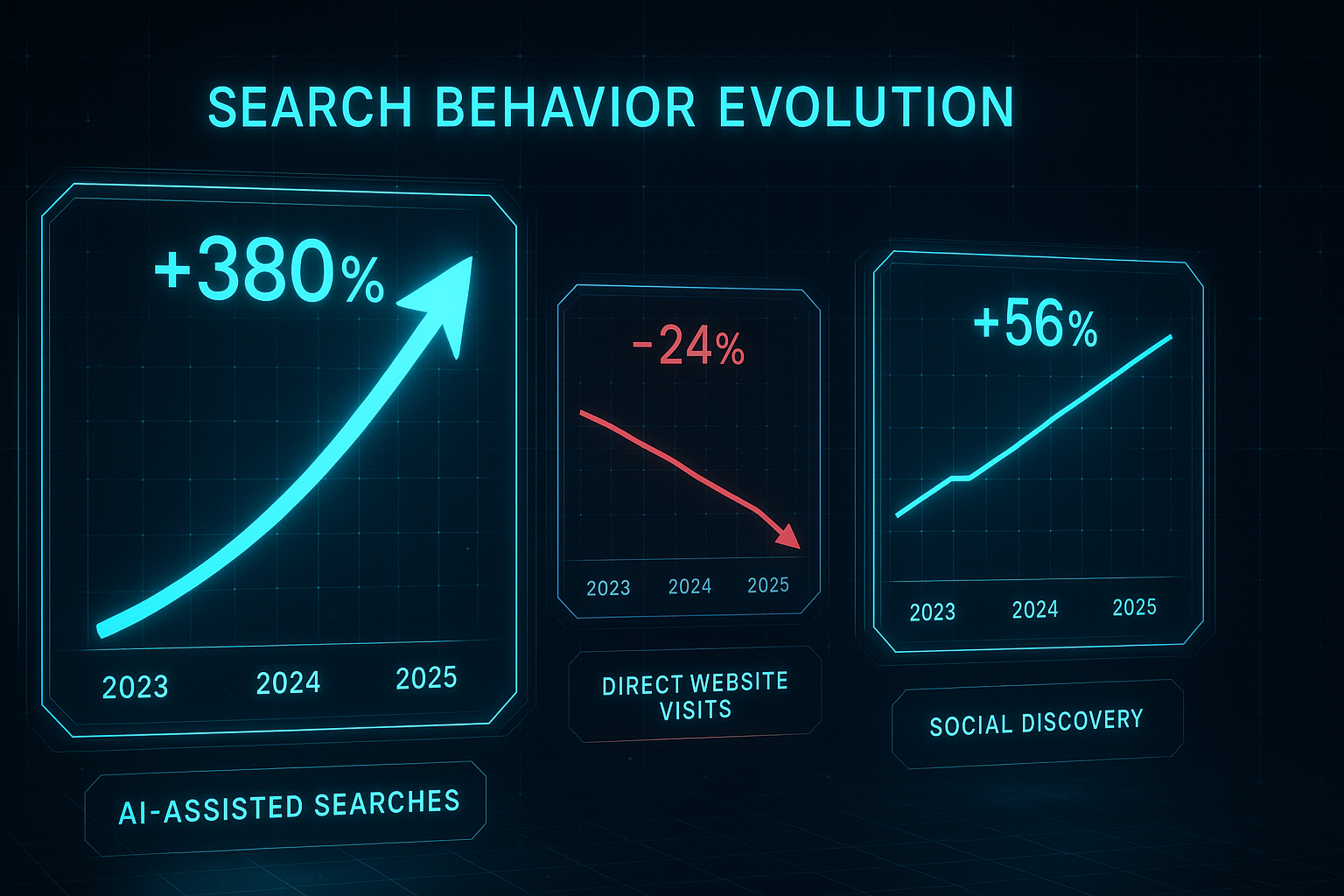 Futuristic dashboard showing search behavior evolution from 2023 to 2025
