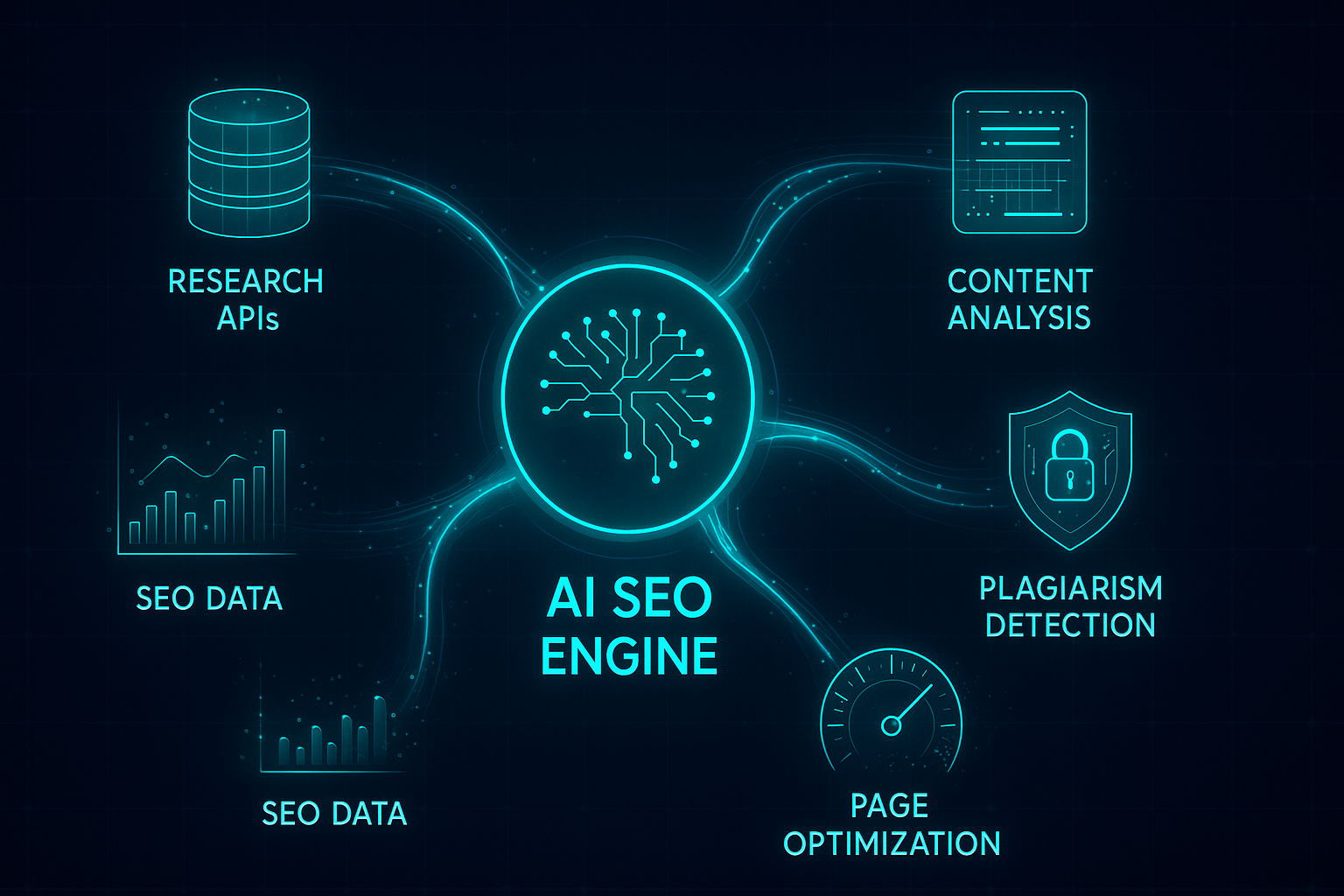 AI-enhanced SEO workflow diagram showing central AI engine connected to key processes